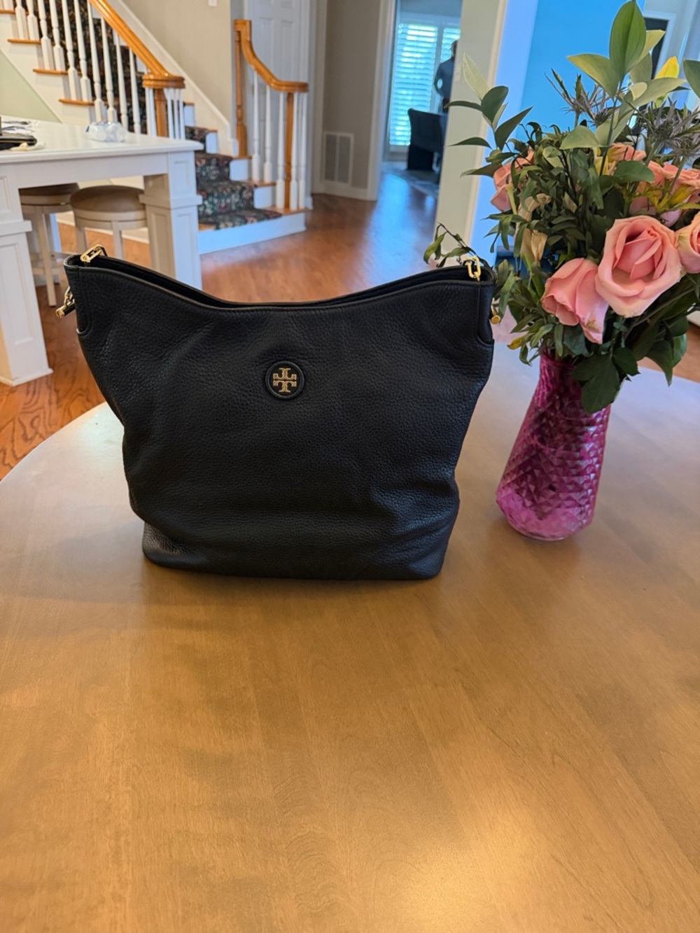 Tory Burch Black Pebbled Leather Shoulder Hobo with Gold Logo